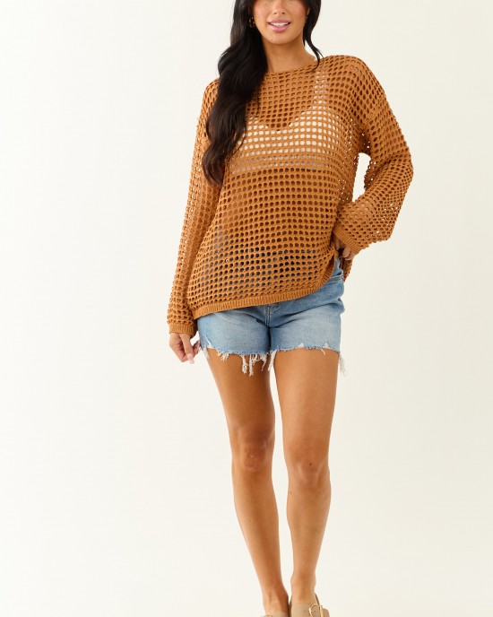 Caramel Open Crochet Round Neck Long Sleeve Top Caramel Open Crochet Round Neck Long Sleeve Top