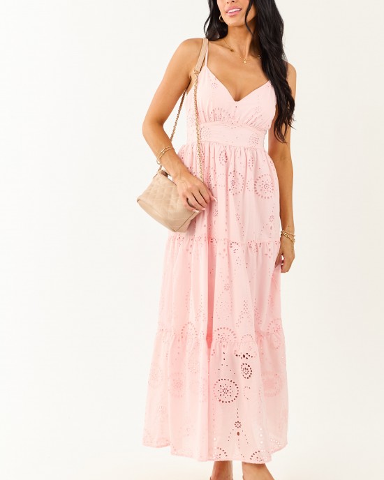 Carnation Floral Eyelet Sleeveless Cotton Maxi Dress