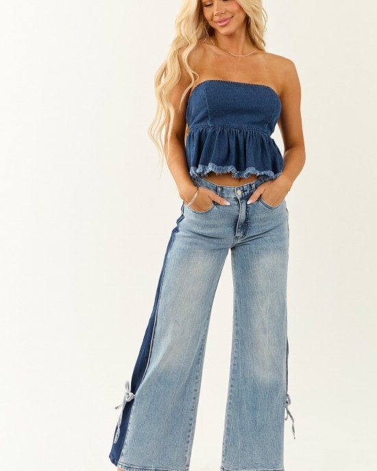 Dark Wash Denim Strapless Peplum Top Dark Wash Denim Strapless Peplum Top