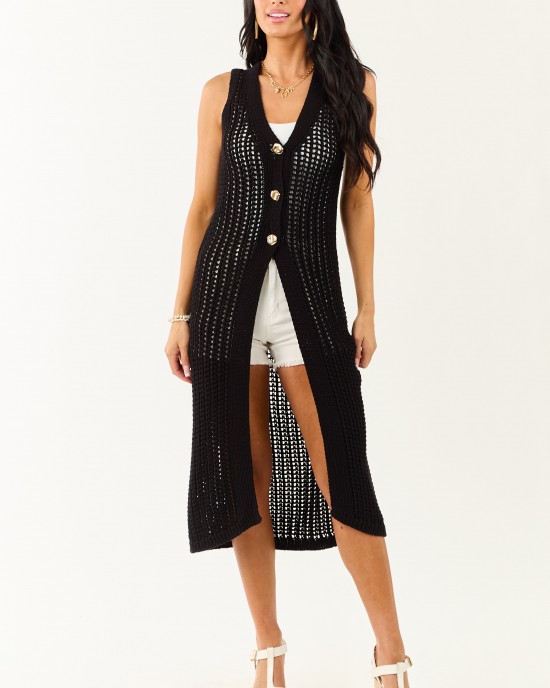 Black Open Knit Gold Buttoned Cotton Duster Vest
