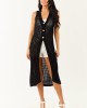 Black Open Knit Gold Buttoned Cotton Duster Vest