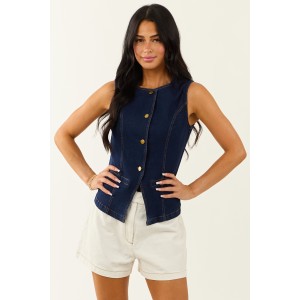 She+Sky Dark Wash Stretchy Denim Button Down Vest