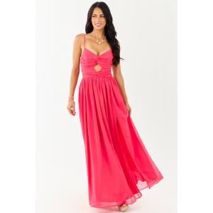 Raspberry Flowy Chiffon Front Twist Maxi Dress