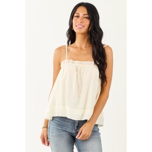 Cream Square Neck Ruffle Trim Tank Top