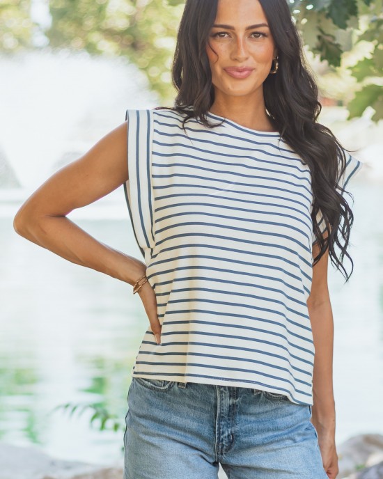 Dusty Blue and Ivory Striped Cap Sleeve Top
