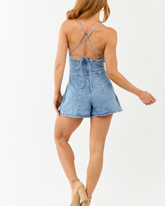 Medium Wash Denim Pleated Sleeveless Romper
