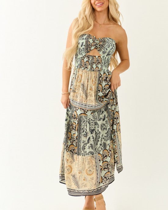 Almond Abstract Print Strapless Smocked Maxi Dress