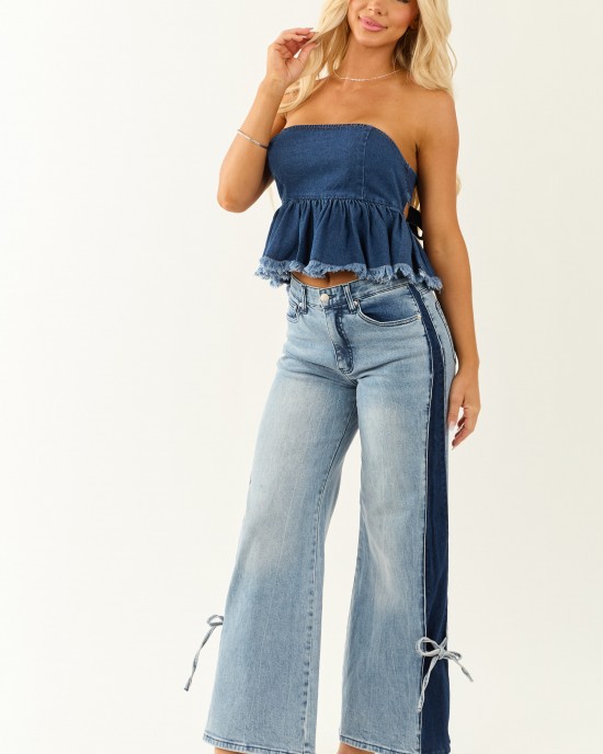 Dark Wash Denim Strapless Peplum Top Dark Wash Denim Strapless Peplum Top