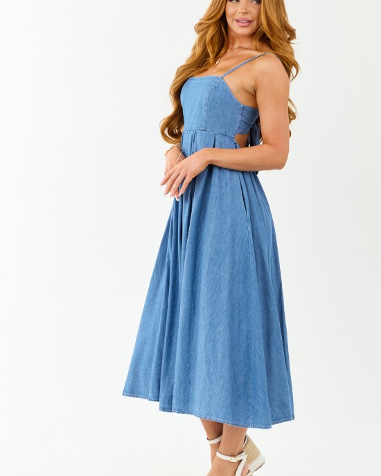 Medium Wash Chambray Denim Open Back Midi Dress