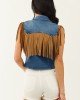 Medium Wash Stretchy Denim Fringe Zip Up Vest Medium Wash Stretchy Denim Fringe Zip Up Vest