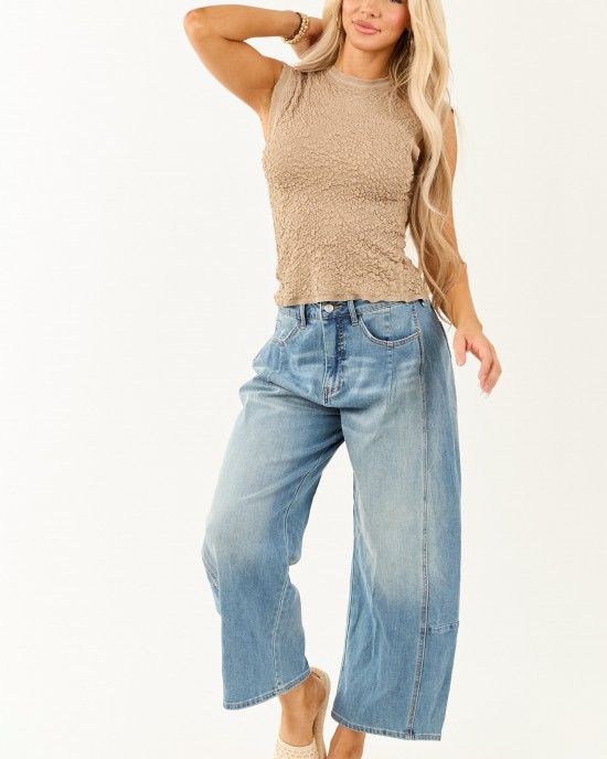Khaki Crinkle Texture High Neck Stretchy Tank Top