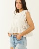 Off White Lace Trim Cap Sleeve Ruffle Hem Top