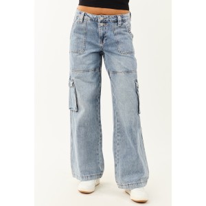Mica Denim Medium Wash Cargo Wide Leg Jeans