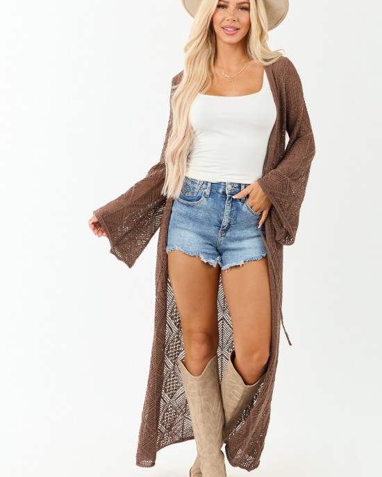 Mocha Tie Front Flare Sleeve Knit Duster Cardigan