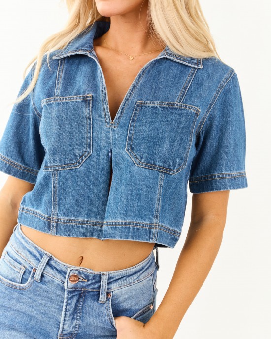 Risen Medium Wash Denim V Neck Short Sleeve Top