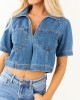 Risen Medium Wash Denim V Neck Short Sleeve Top