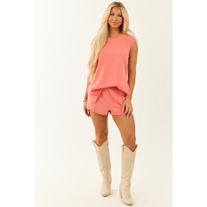 Deep Coral Oversized Sleeveless Top and Short Set