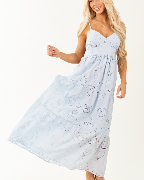 Sky Blue Floral Eyelet Sleeveless Cotton Maxi Dress