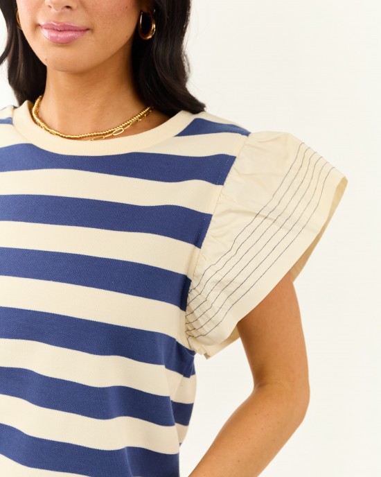 Navy and Cream Striped Ruffle Sleeve Top