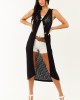 Black Open Knit Gold Buttoned Cotton Duster Vest
