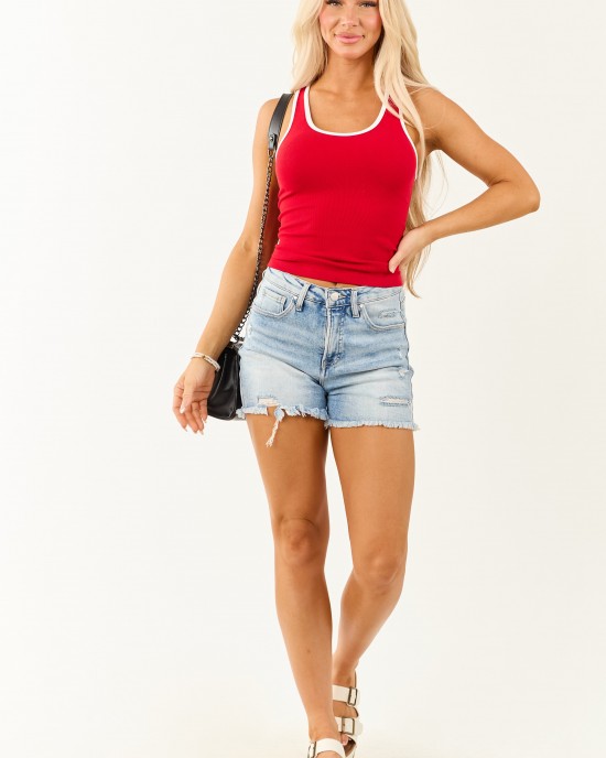 Cherry Stretchy Knit Contrast Trim Tank Top