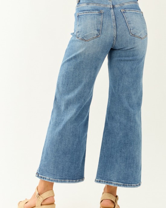 Risen Cropped Frayed Slit Hem Stretchy Wide Jeans