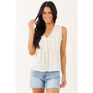 Off White Lace V Neck Cotton Tank Top