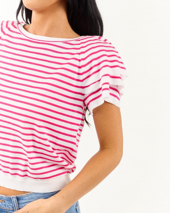 Off White and Raspberry Striped Short Sleeve Top Off White and Raspberry Striped Short Sleeve Top