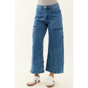 Saige Dark Wash Wide Leg Stretchy Wrap Pocket Jeans
