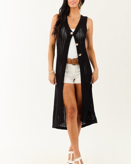 Black Open Knit Gold Buttoned Cotton Duster Vest
