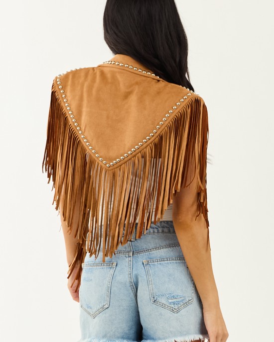 Brown Sugar Faux Suede Studded Fringe Shawl Brown Sugar Faux Suede Studded Fringe Shawl