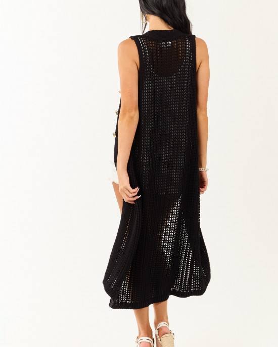 Black Open Knit Gold Buttoned Cotton Duster Vest