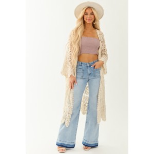 POL Cream Open Crochet Flare Sleeve Duster Cardigan