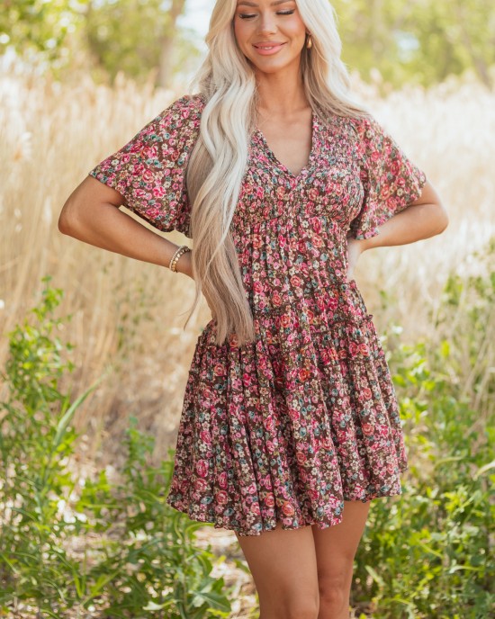 Sepia Floral Print Smocked Tiered Mini Dress Sepia Floral Print Smocked Tiered Mini Dress