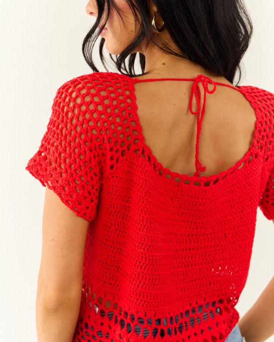 Lipstick Crochet Knit Short Sleeve Crop Top