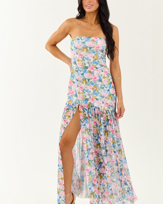 Ivory Floral Print Front Slit Mesh Maxi Dress