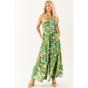 Kiwi Tropical Print Halter Front Tie Jumpsuit