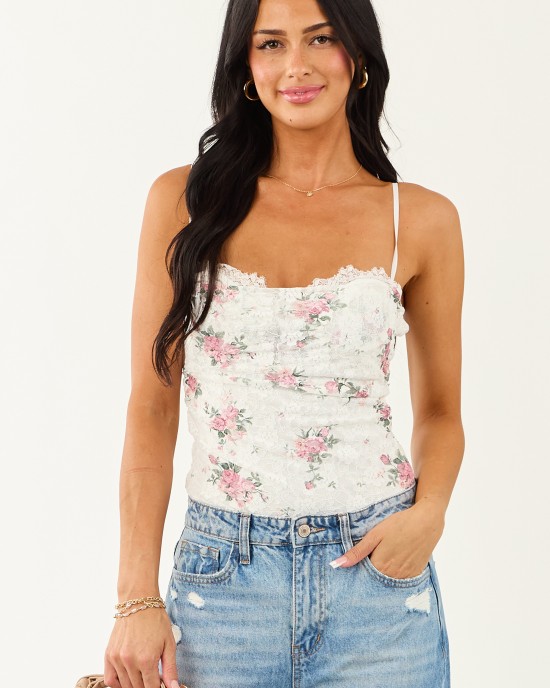 Off White Floral Lace Sleeveless Bodysuit