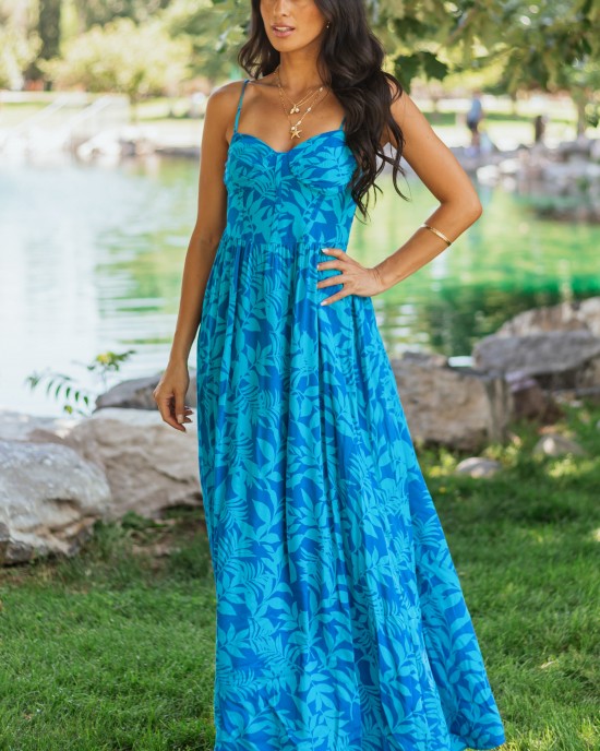Cobalt Tropical Print Sleeveless Maxi Dress