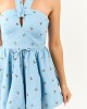 Light Wash Chambray Cherry Embroidered Mini Dress