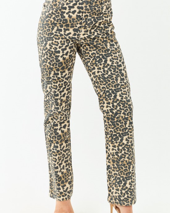 Cream Leopard Print Straight Leg High Rise Jeans