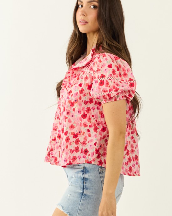 Carnation Floral Print Embroidered Puff Sleeve Blouse