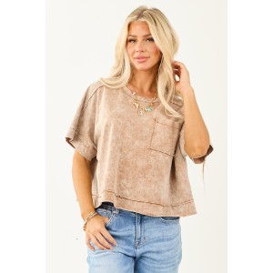 Coffee Acid Wash Relaxed Cotton Short Sleeve Top