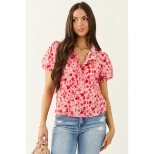 Carnation Floral Print Embroidered Puff Sleeve Blouse