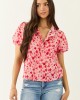 Carnation Floral Print Embroidered Puff Sleeve Blouse