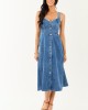 Medium Wash Button Down Sleeveless Denim Midi Dress