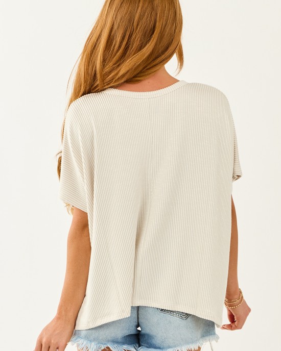 Ivory Ribbed Knit Short Sleeve Relaxed Top