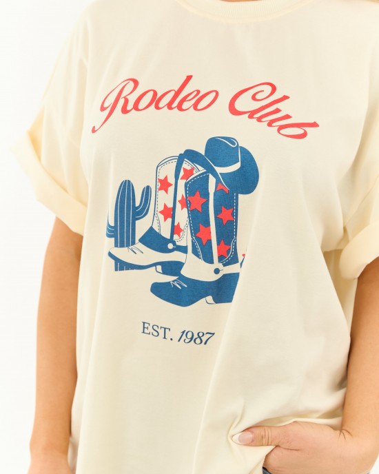 Cream Western Graphic Oversized Short Sleeve Top