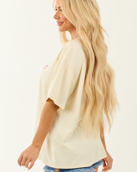 Cream Western Graphic Oversized Short Sleeve Top