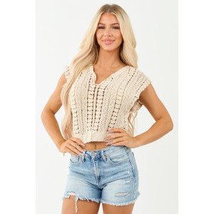 POL Almond Open Crochet Knit Cap Sleeve Top